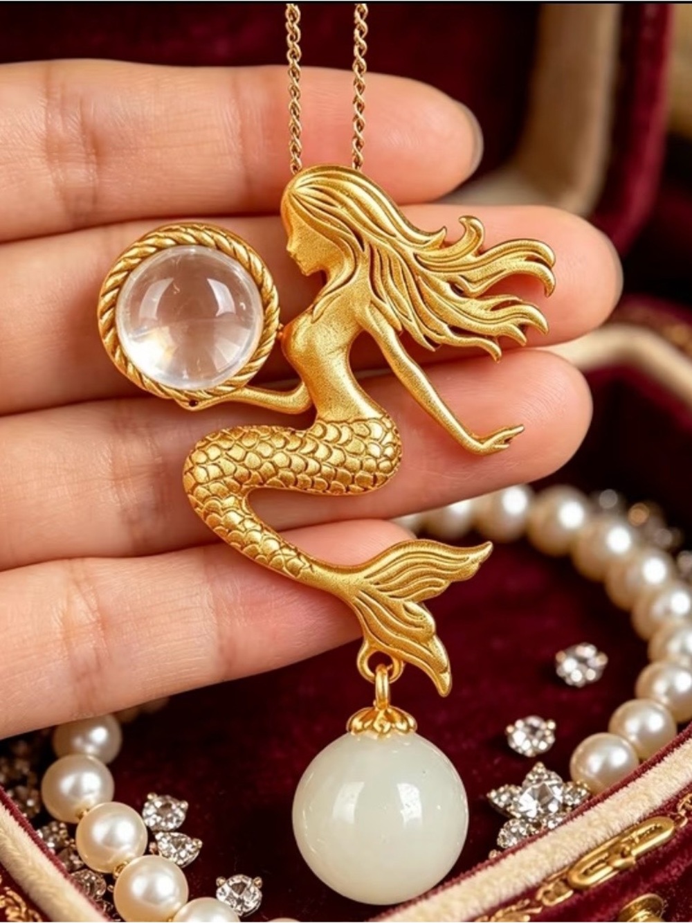 Gold Mermaid Pendant Necklace with White Orb Accent - Women’s Jewelry
